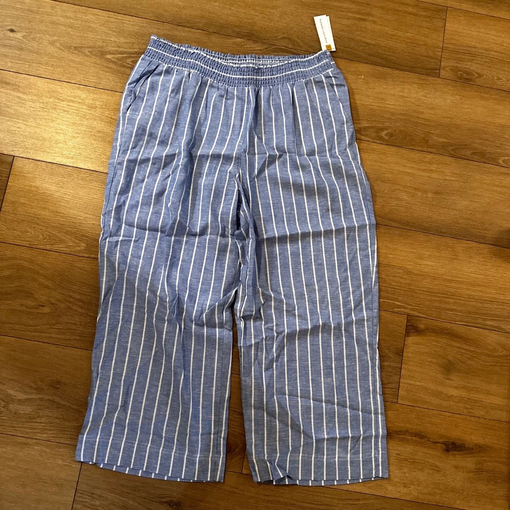 Land n Sea Womens 2X Blue Striped Linen Blend Smocked Waist Wide Leg Pants NEW